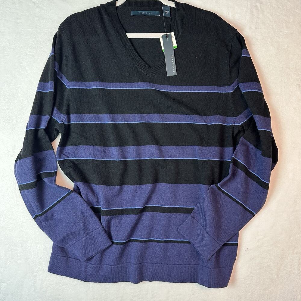 Perry Ellis Men’s Large NWT Black Purple Striped V-Neck Wool Blend Sweater
